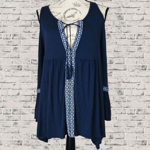 Blue boho cold shoulder peasant top
